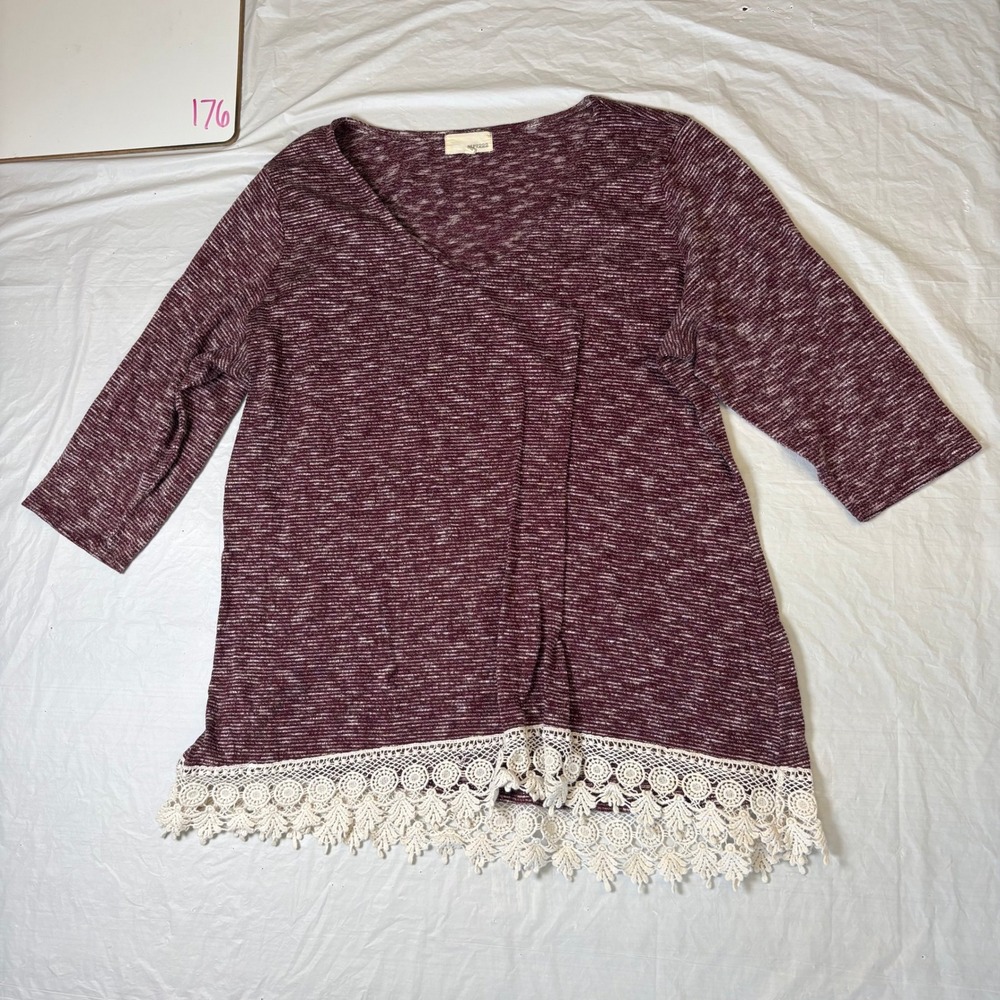 Dept 222 Womens‎ 1X Burgundy Marl Knit V-Neck Top Crochet Lace Hem 3/4 Sleeve